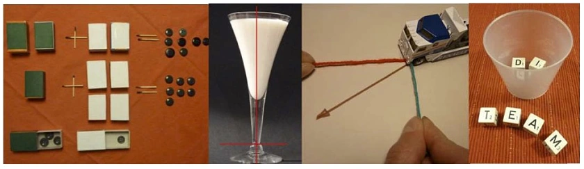Foto von verschiedenen Objekten, die die Relevanz der Mathematik im Alltag vor allem mit Bezug zur Geometrie unterstreichen. Z.B. Streichhölzer oder die Geometrie eines Martiniglases