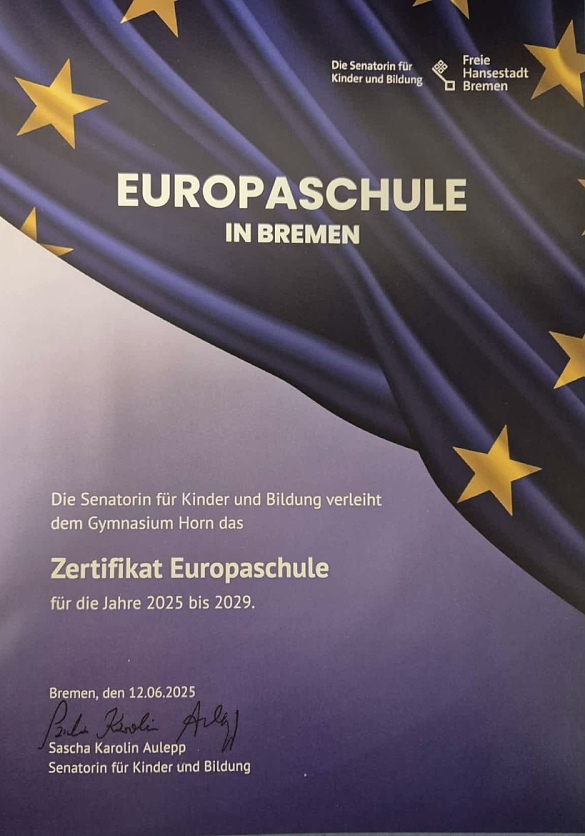 Foto vom Zertifikat als Europaschule