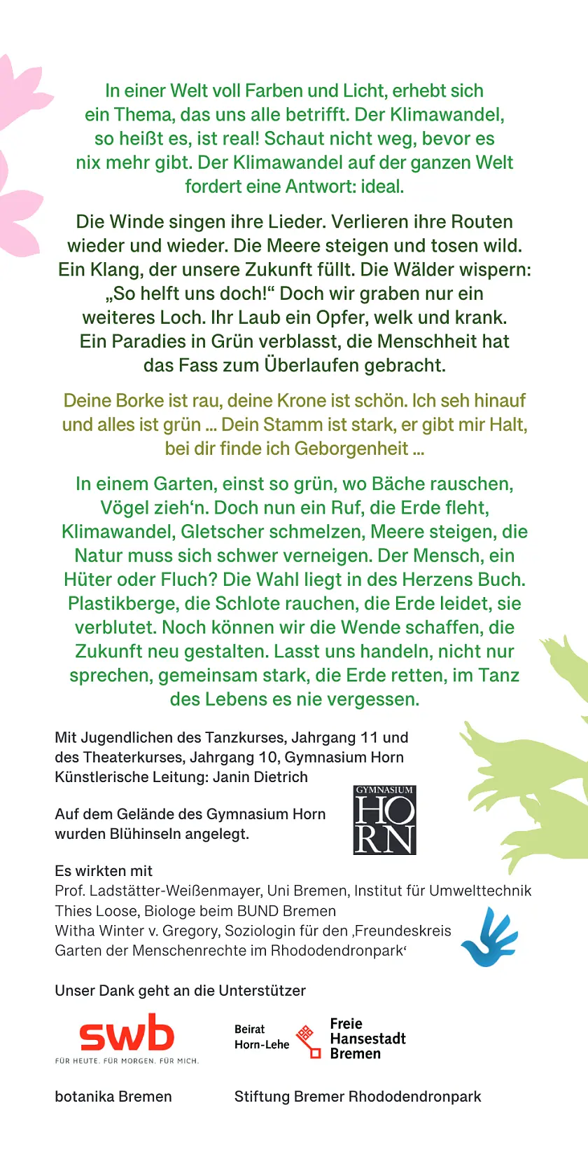 Bild mit Zitaten aus dem Stück und Namen der Unterstüzter 