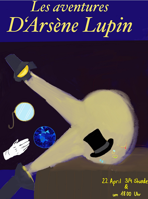 Plakat des Stücks  Les aventures DArsène Lupin  mit Lichtern die auf eine Bühne strahlen und Schmuck und Zylinder