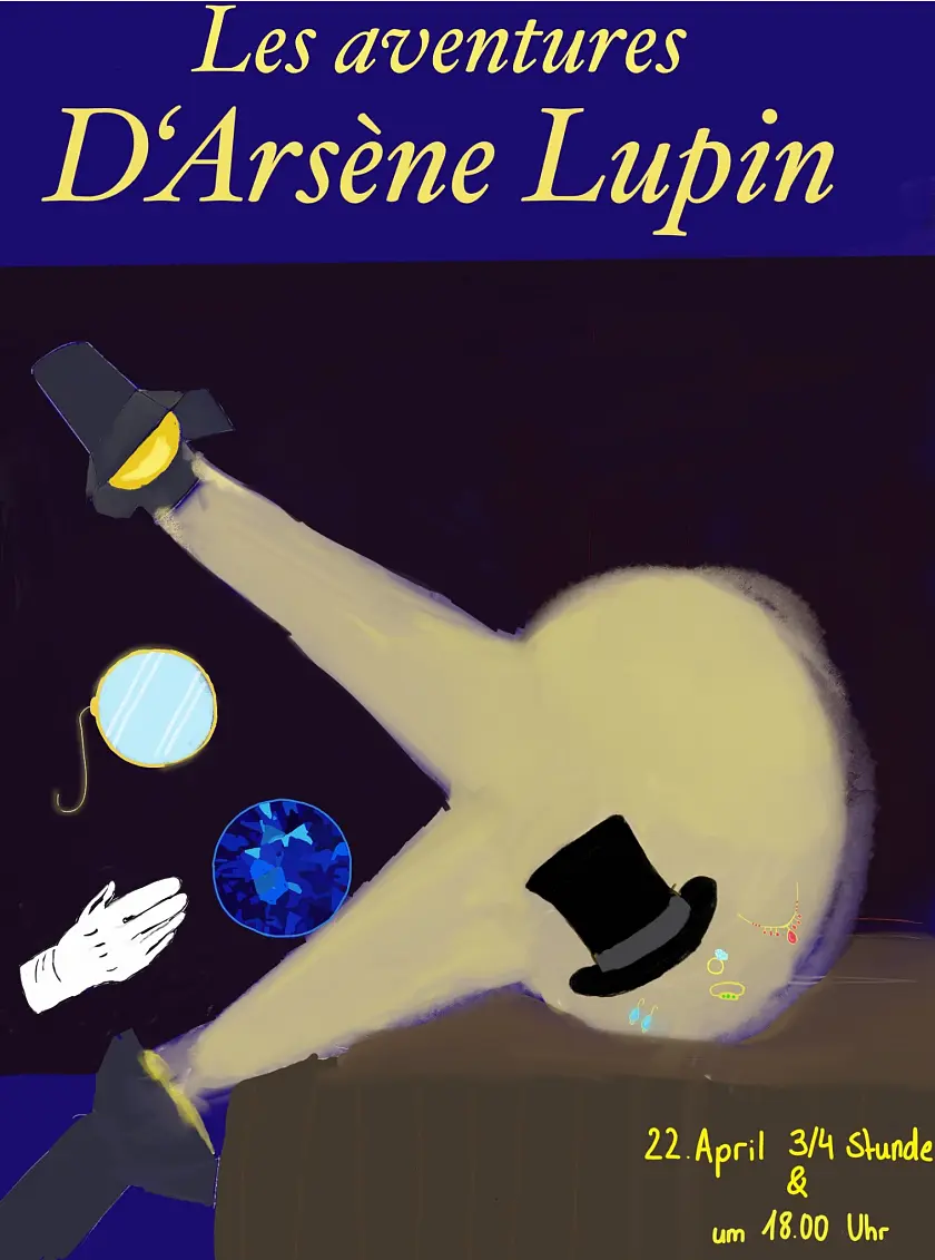 Plakat des Stücks  Les aventures DArsène Lupin  mit Lichtern die auf eine Bühne strahlen und Schmuck und Zylinder