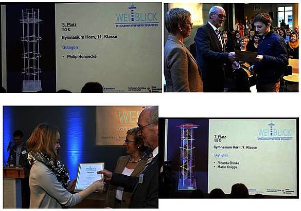 Fotocollage des Wettbewerbs mit Fotos von Menschen und der Bühne sowie Türmen