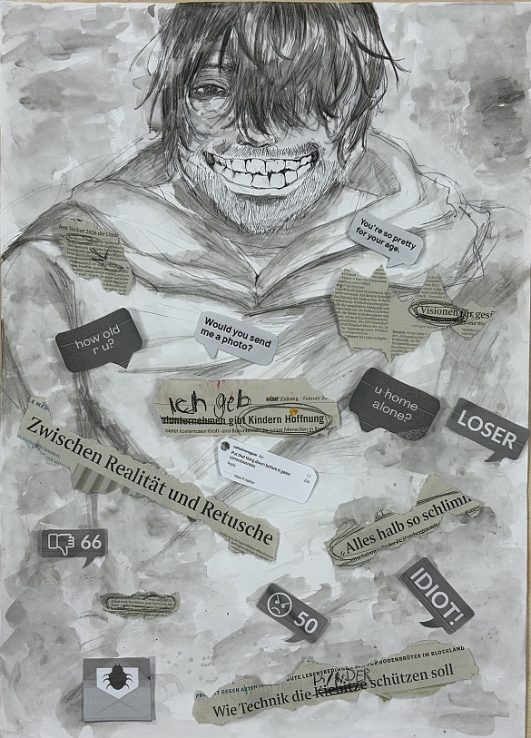 Bild eines verrückt schauenden Mannes mit langen Haaren und viele Zeitungsschnipsel darauf mit Aufschriften zum Thema