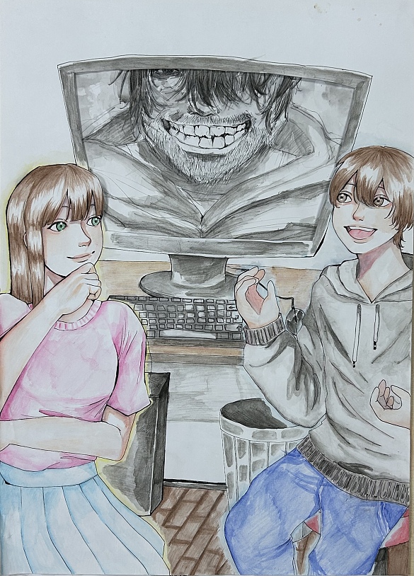 Ein weiteres Bild zum Thema  Europa? Aber sicher!. Comicbild mit einem Jungen und einem Mädchen vor einem Computerbildschirm auf dem das Bild eines böse guckenden Mannes zu sehen ist