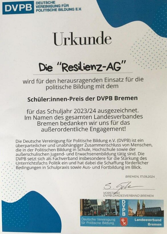 Ein Foto der Urkunde der DVPB Bremen für herausragenden Einsatz für die politische Bildung 2024