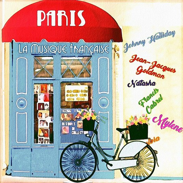 Comicbild eines Kiosks mit französchen Wörtern darauf